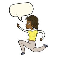 cartoon woman running and pointing with speech bubble N8