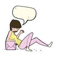cartoon woman leaning on package box with speech bubble N7