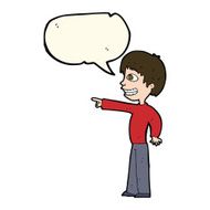 cartoon grinning boy pointing with speech bubble N7