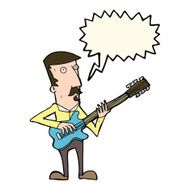 cartoon man playing electric guitar with speech bubble N10