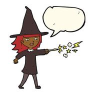 cartoon witch girl casting spell with speech bubble N16