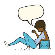 cartoon woman leaning on package box with speech bubble N8