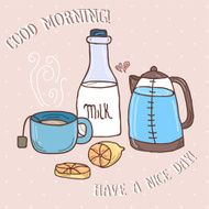 Hand drawn vector set of tea essentials - cups pot
