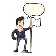 cartoon man planting flag with speech bubble N7