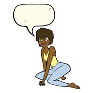 cartoon happy woman sitting on floor with speech bubble N15