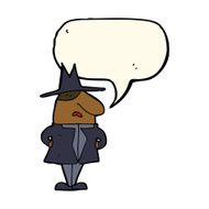 cartoon man in coat and hat with speech bubble N7
