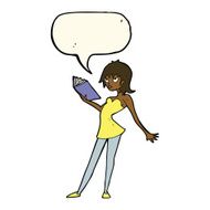cartoon woman reading book with speech bubble N8