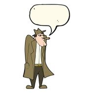 cartoon man in hat and trench coat with speech bubble N7