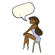 cartoon woman sitting on stool with speech bubble N16