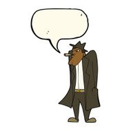 cartoon man in hat and trench coat with speech bubble N8