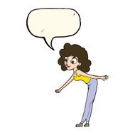 cartoon woman reaching to pick something up with speech bubble N7