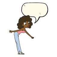 cartoon woman reaching to pick something up with speech bubble N8