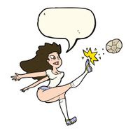 cartoon female soccer player kicking ball with speech bubble N7