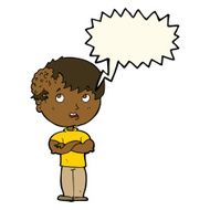 cartoon boy with growth on head speech bubble N27