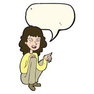 cartoon happy woman sitting and pointing with speech bubble N7