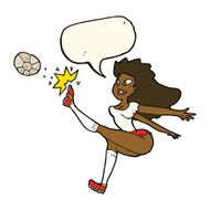 cartoon female soccer player kicking ball with speech bubble N8