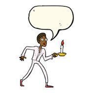 cartoon frightened man walking with candlestick speech bubb N7