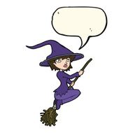 cartoon witch riding broomstick with speech bubble N13