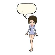 cartoon woman in short dress with speech bubble N7