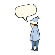 cartoon person in winter clothes with speech bubble N7