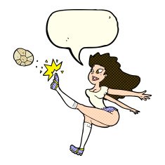 cartoon female soccer player kicking ball with speech bubble N5