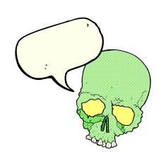 cartoon spooky old skull with speech bubble N3