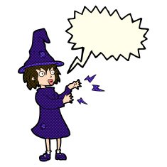 cartoon witch casting spell with speech bubble N9