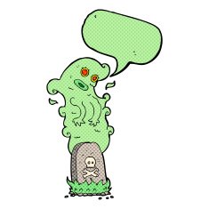 cartoon ghost rising from grave with speech bubble N13