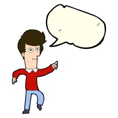 cartoon man pointing with speech bubble N82