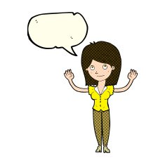 cartoon woman holding up hands with speech bubble N9