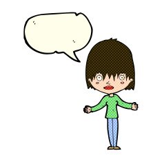 cartoon woman shrugging shoulders with speech bubble N200