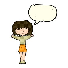 cartoon woman raising arms in air with speech bubble N5