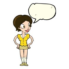 cartoon happy woman in short skirt with speech bubble N3