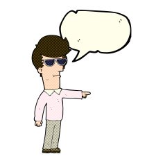 cartoon man in glasses pointing with speech bubble N5