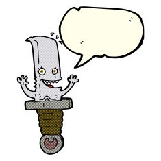 crazy cartoon knife character with speech bubble N5