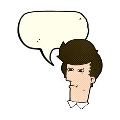 cartoon man narrowing eyes with speech bubble N17