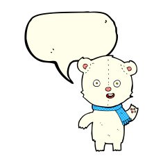 cartoon waving polar bear cub with scarf speech bubble N3