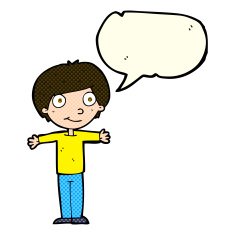 cartoon happy boy with open arms speech bubble N7