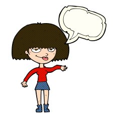 cartoon smug woman making dismissive gesture with speech bubble N5