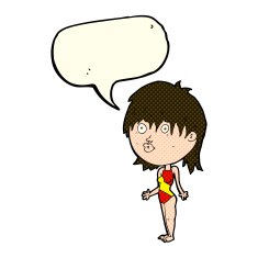 cartoon woman in swimsuit shrugging shoulders with speech bubble N3