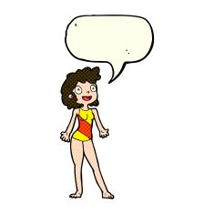 cartoon woman in swimming costume with speech bubble N5