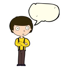 cartoon staring boy with folded arms speech bubble N5