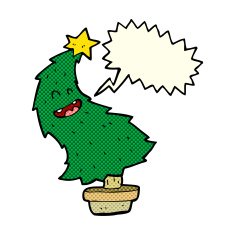 cartoon dancing christmas tree with speech bubble N9