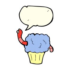 cartoon worm in cupcake with speech bubble N5