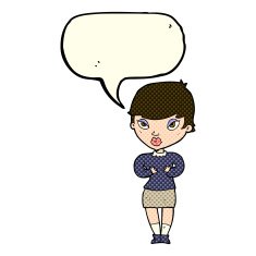 cartoon woman gesturing at self with speech bubble N14