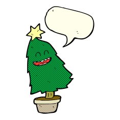 cartoon dancing christmas tree with speech bubble N10