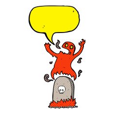 cartoon ghost rising from grave with speech bubble N15