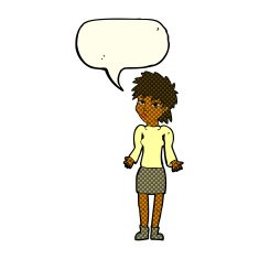 cartoon woman shrugging shoulders with speech bubble N217