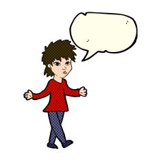 cartoon woman shrugging shoulders with speech bubble N218