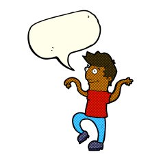 cartoon happy man doing funny dance with speech bubble N10